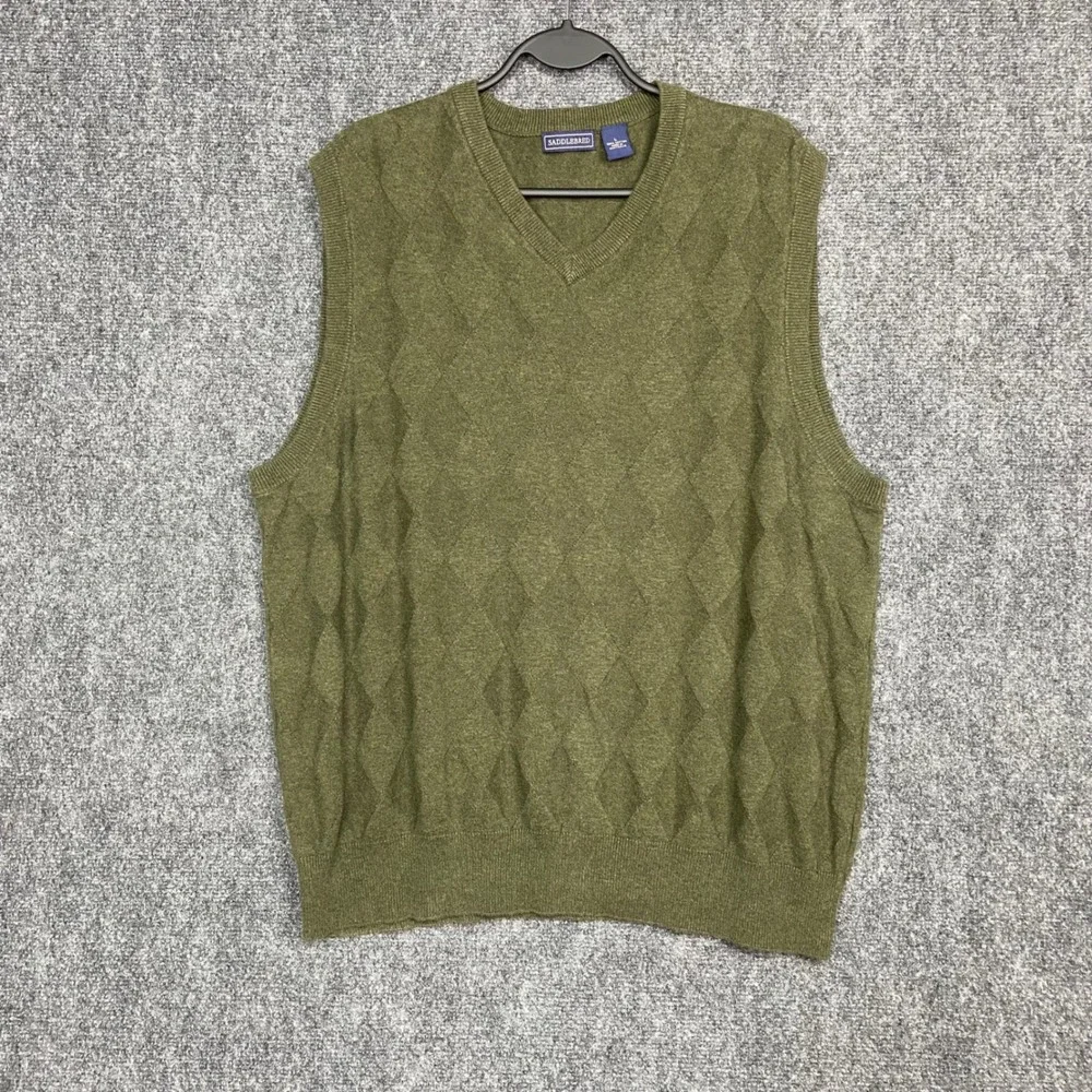 SADDLEBRED Men's Olive Green Argyle 100% Cotton V-Neck Sweater‎ Vest - Size L